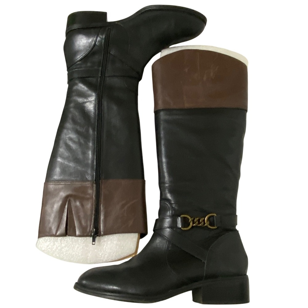 Lauren Ralph Lauren Menna Black Brown Tall Leather Riding Boots Chain Accent 11B - Picture 2 of 12